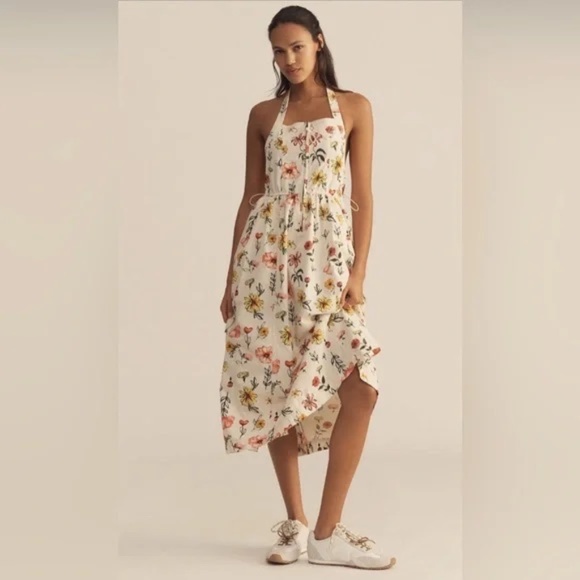 NWT Anthropologie Daily Practice Relaxed Floral Print Halter Neck Midi Dress - Picture 1 of 8